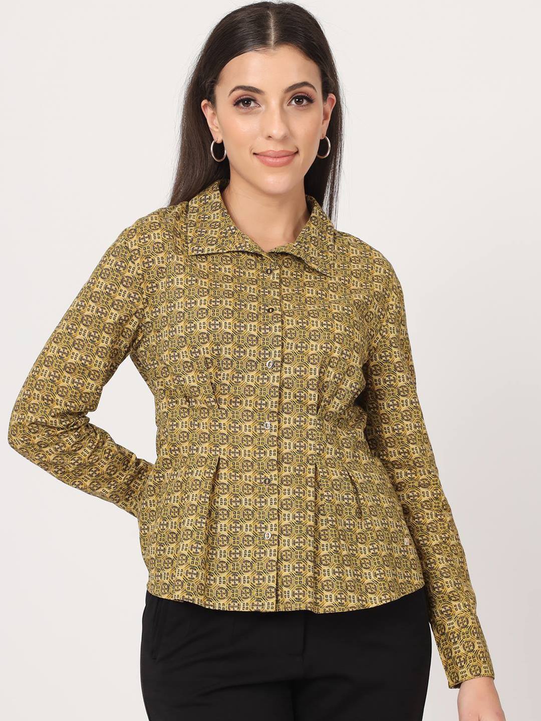 

Beatnik Geometric Printed Cuffed Sleeves Cotton Shirt Style Top, Gold