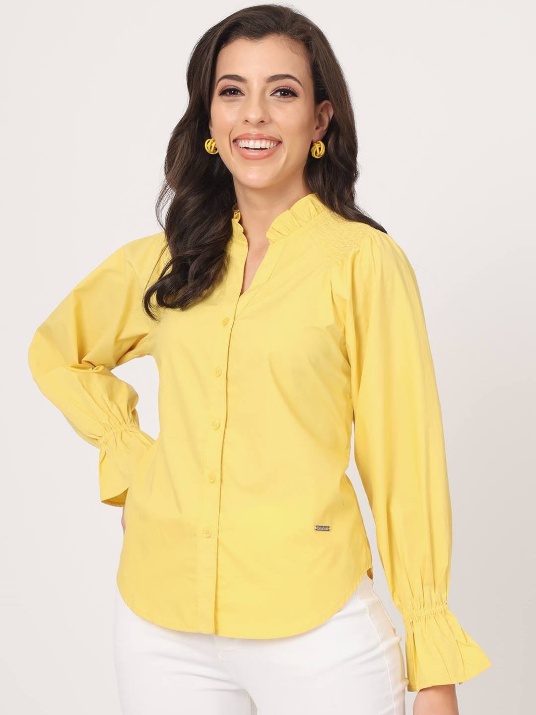 

Beatnik Mandarin Collar Puffed Sleeves Cotton Shirt Style Top, Yellow