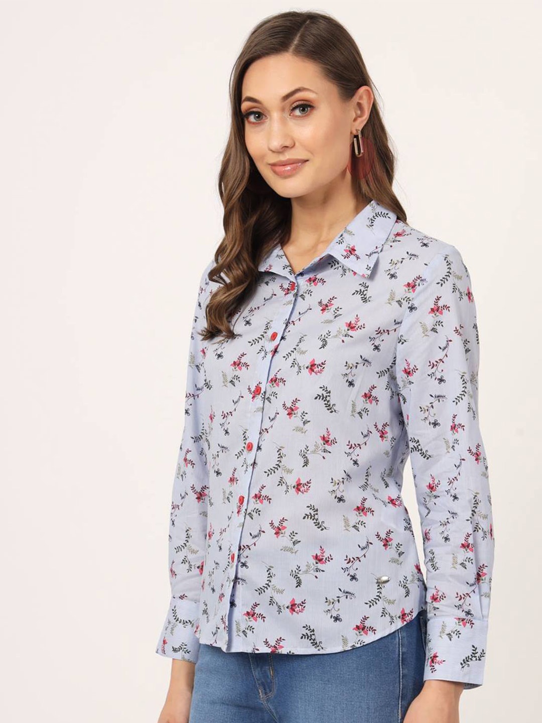 

Beatnik Floral Printed Cotton Long Sleeves Casual Shirt, Blue