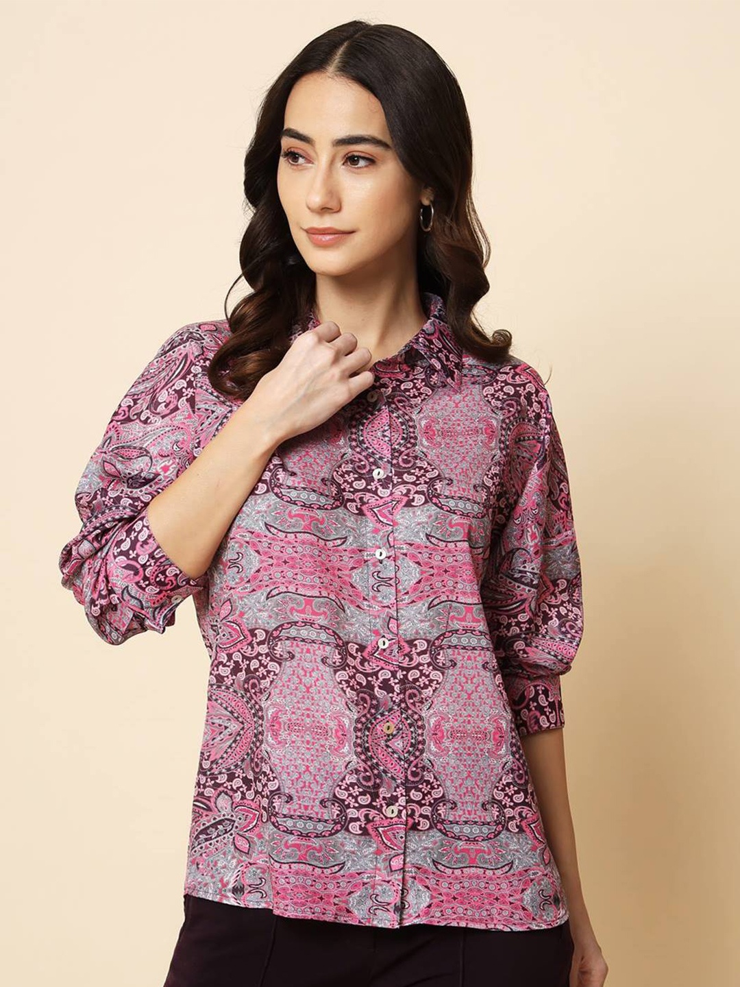 

Beatnik Ethnic Motifs Printed Puffed Sleeves Shirt, Pink