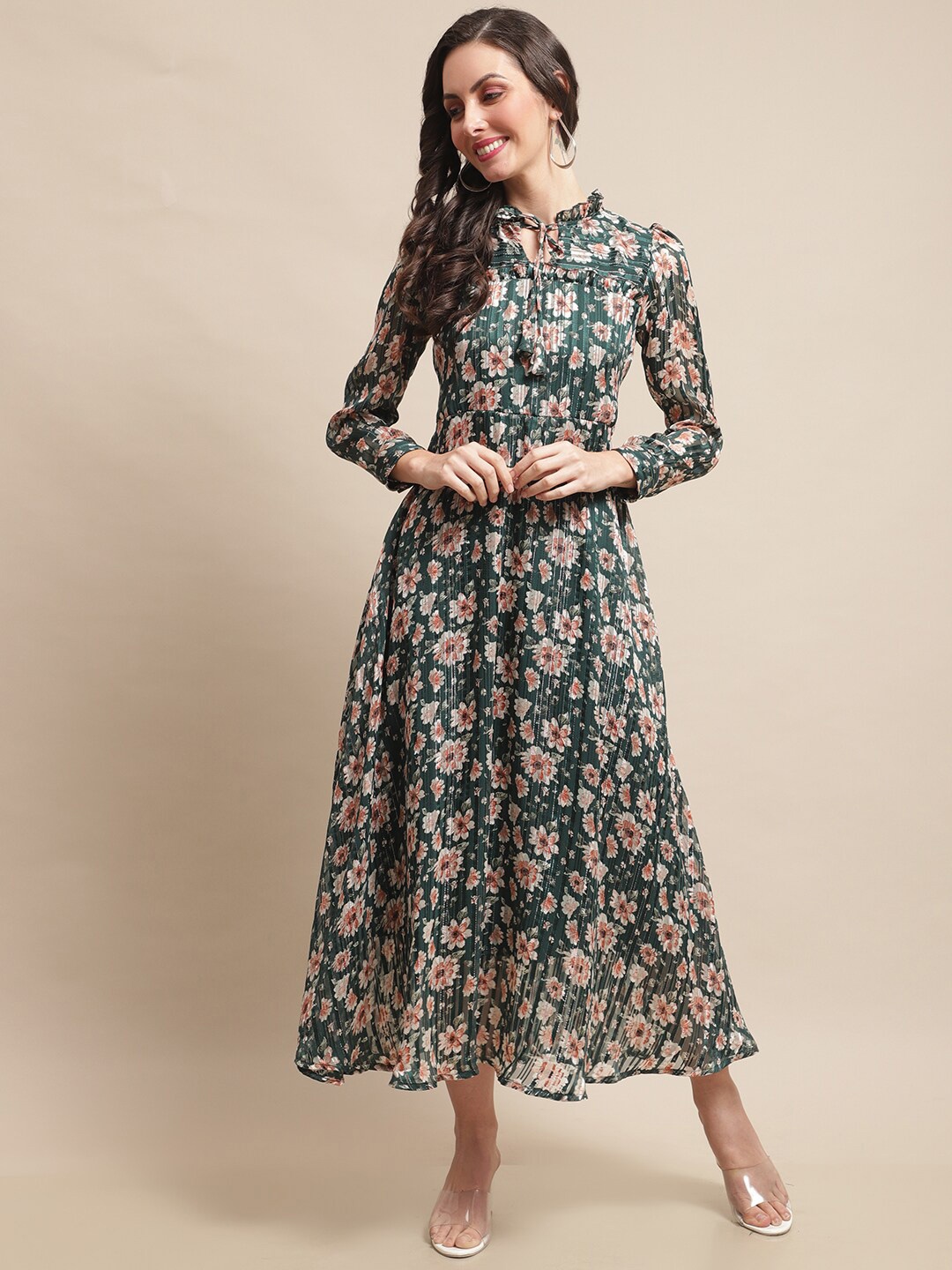 

Claura Floral Printed Cuffed Sleeves A-Line Midi Dress, Green