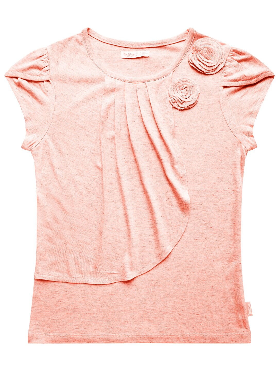 

milou Girls Short Puff Sleeves Pleated Round Neck Cotton Top, Peach