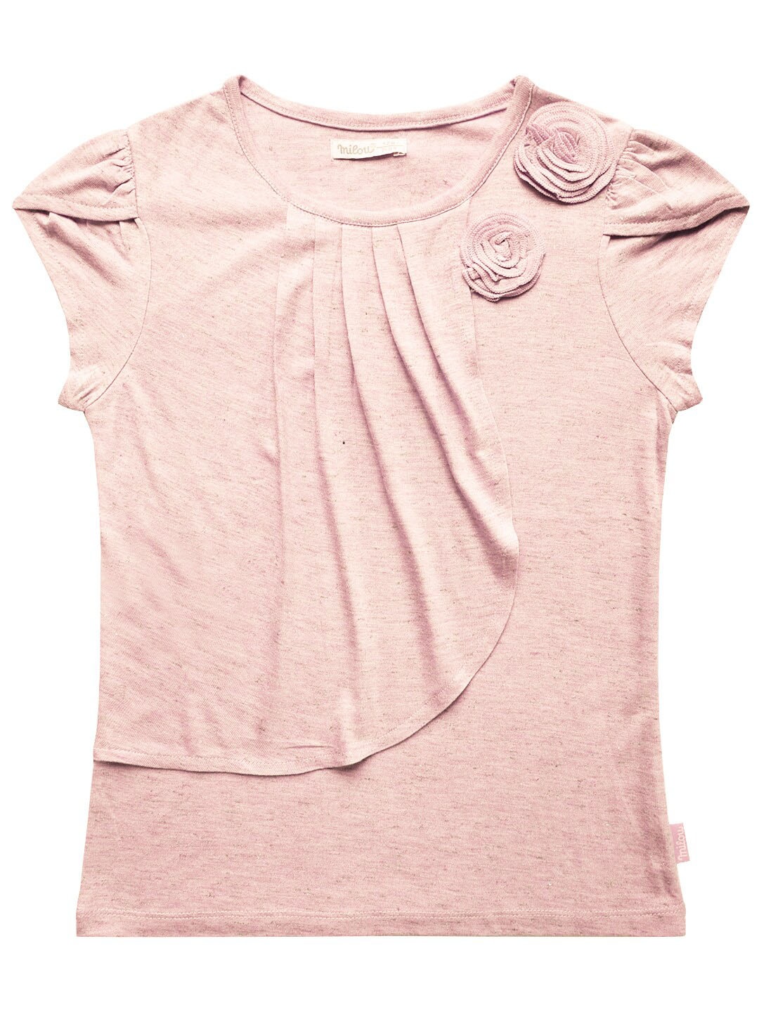 

milou Girls Short Puff Sleeves Pleated Round Neck Cotton Top, Pink