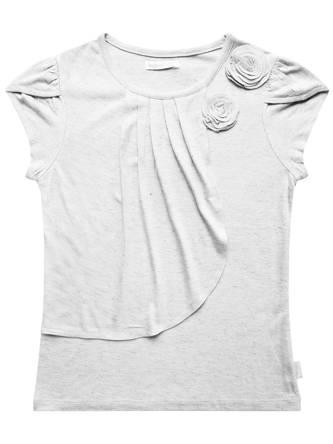 

milou Girls Short Puff Sleeves Pleated Round Neck Cotton Top, Grey