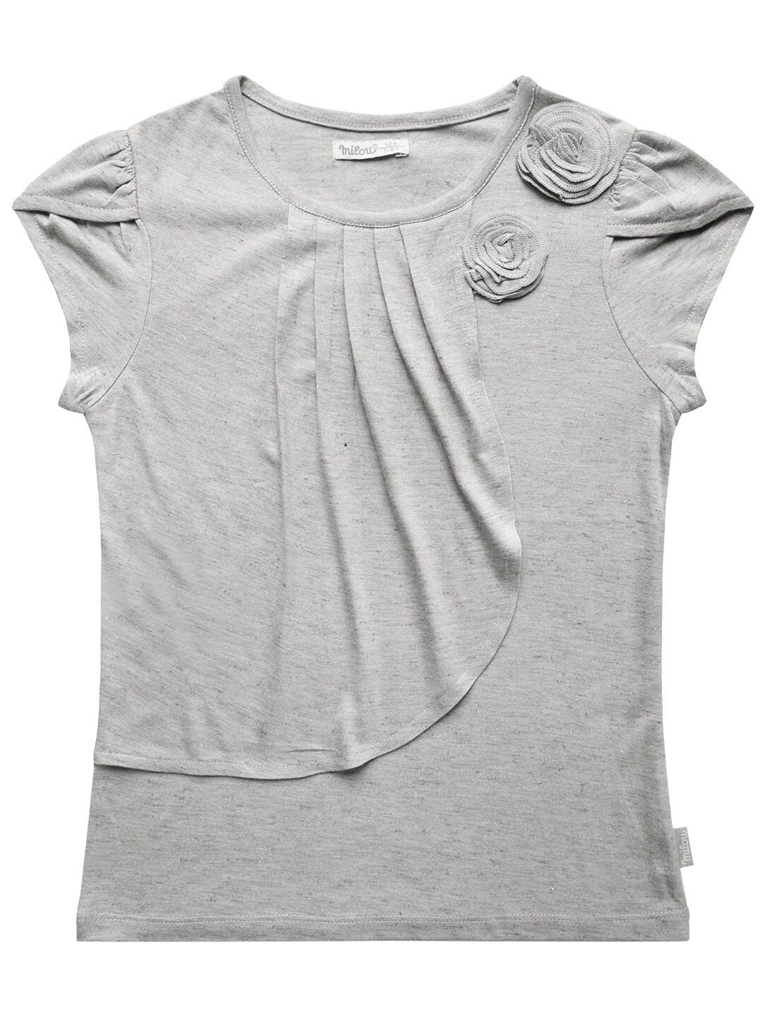 

milou Girls Short Puff Sleeves Pleated Round Neck Cotton Top, Grey