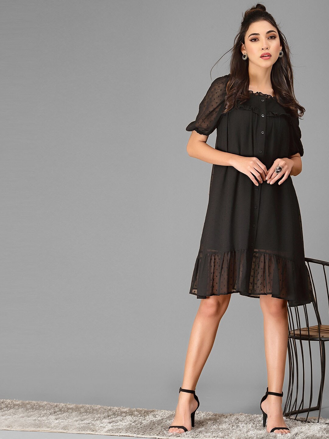 

Selvia Square Neck Ruffles Chiffon A-Line Dress, Black