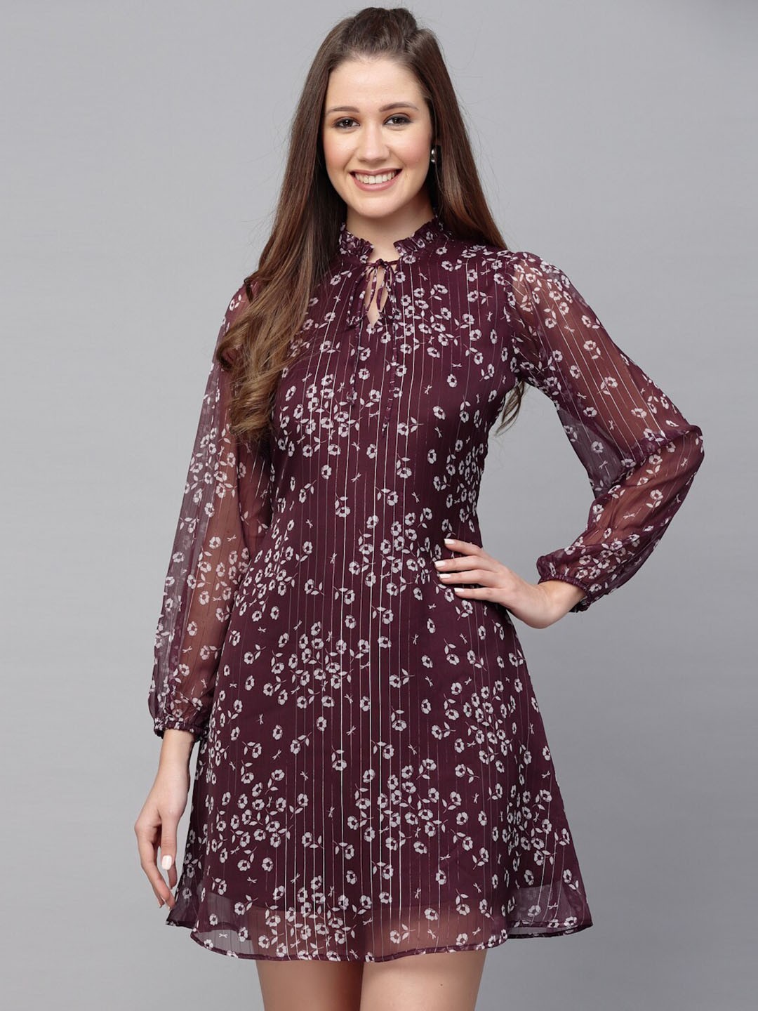 

Selvia Floral Printed Tie-Up Neck Chiffon A-Line Dress, Purple