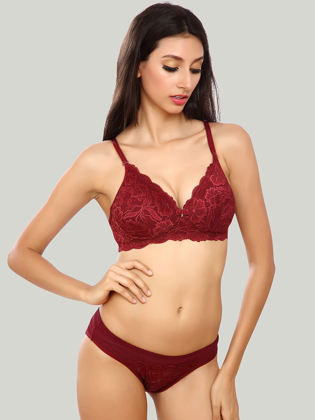 

Lady Love Self-Design Non Wired Lightly Padded Lace Lingerie Set LLSET50250, Maroon