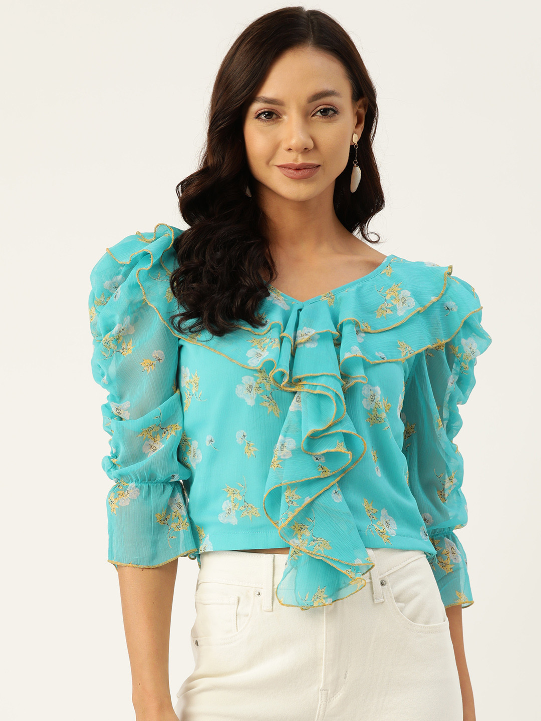 

Deewa Floral Print Puff Sleeve Ruffles Chiffon Crop Top, Turquoise blue