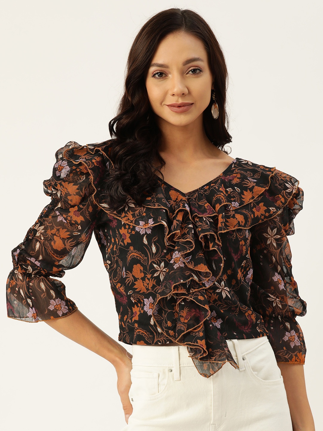

Deewa Floral Print Puff Sleeve Ruffles Chiffon Crop Top, Black