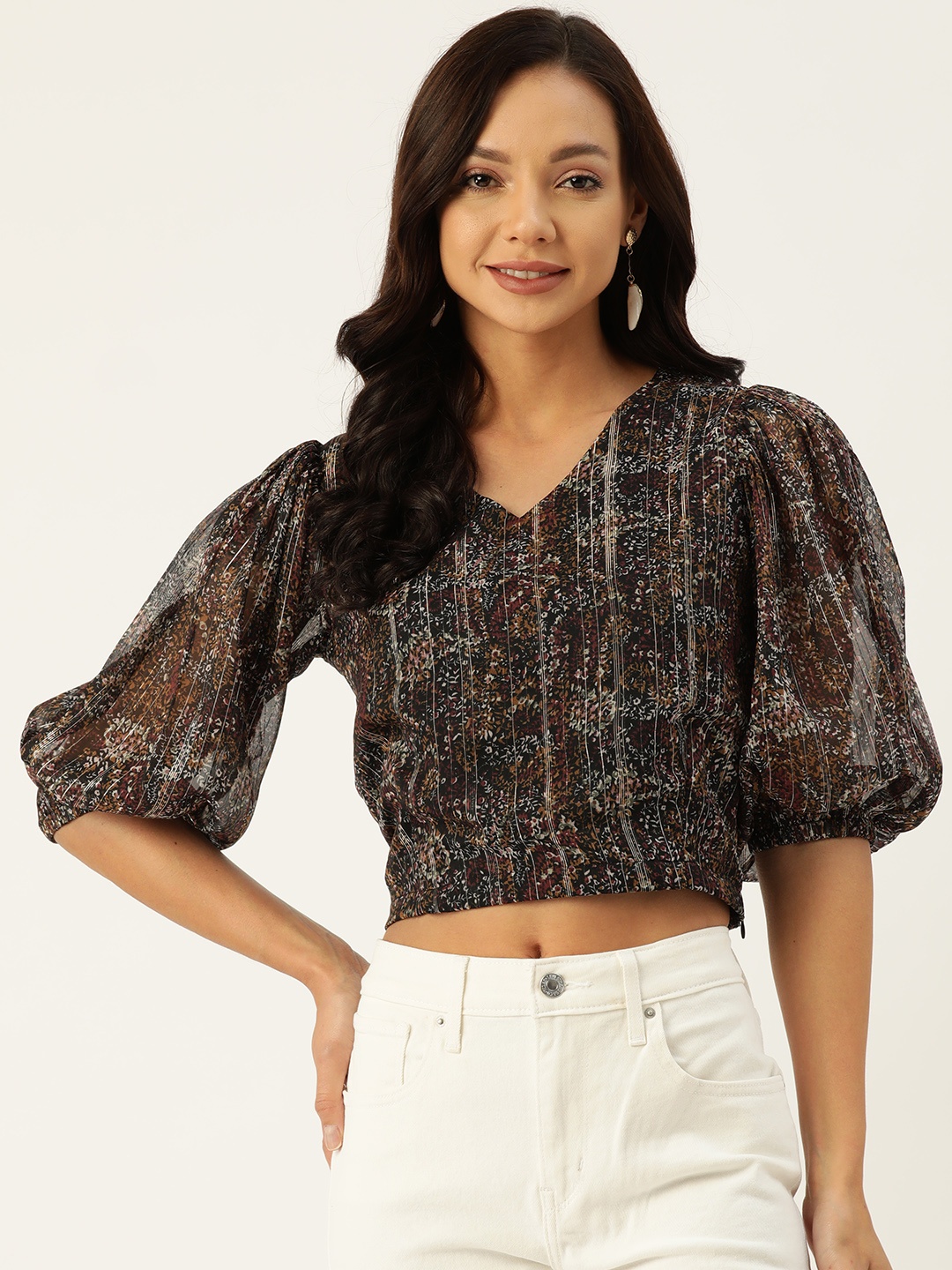 

Deewa Floral Print Georgette Crop Top, Black