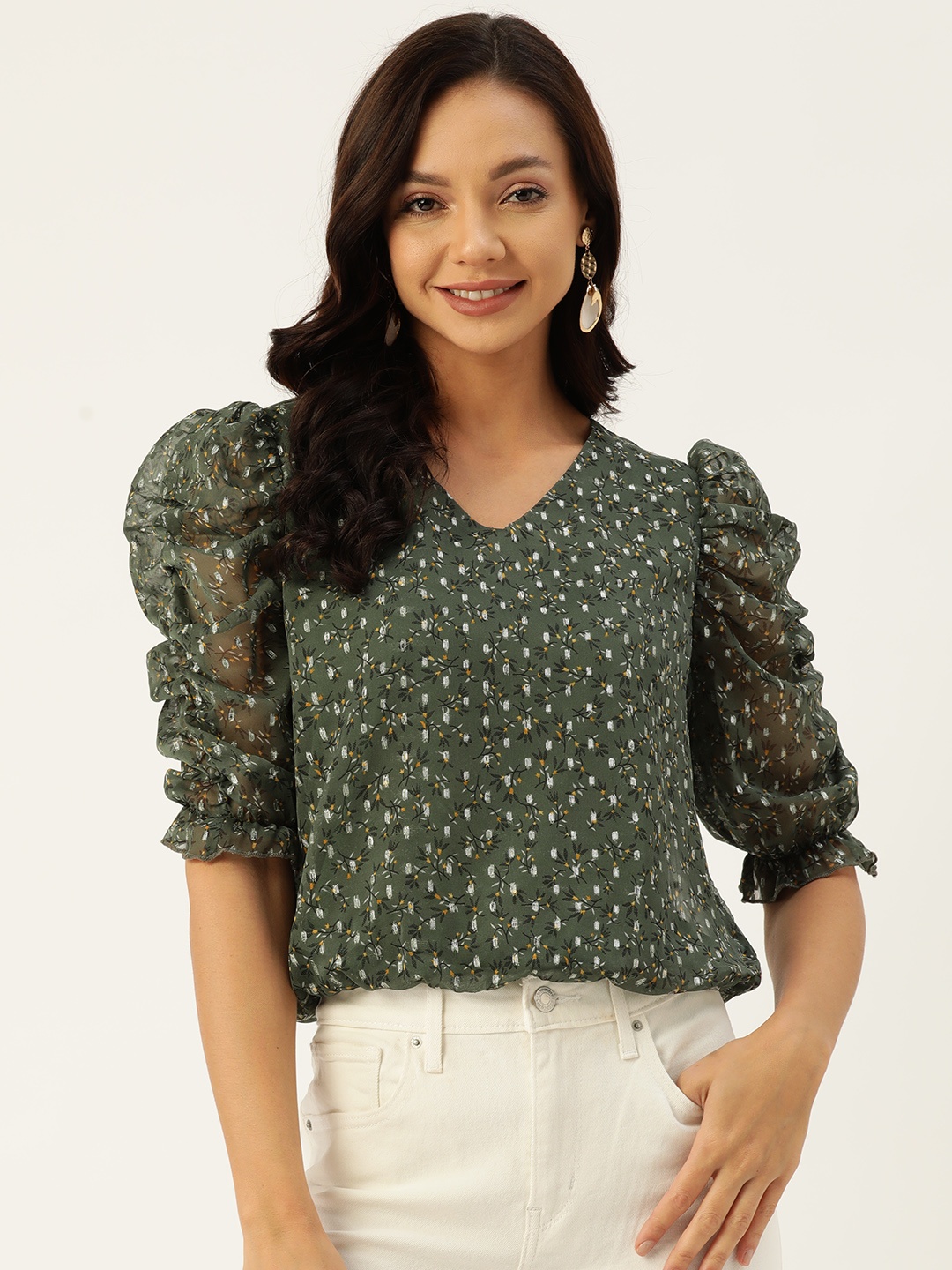 

Deewa Floral Print Puff Sleeve Georgette Top, Green
