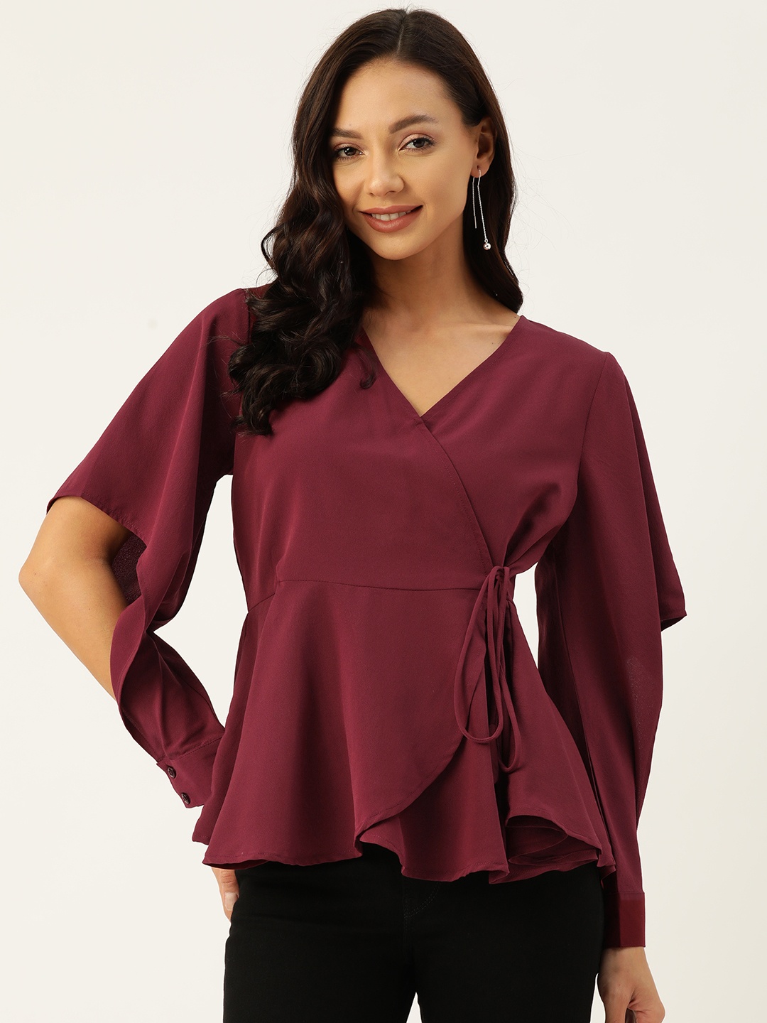 

Deewa Slit Sleeve Crepe Wrap Top, Maroon