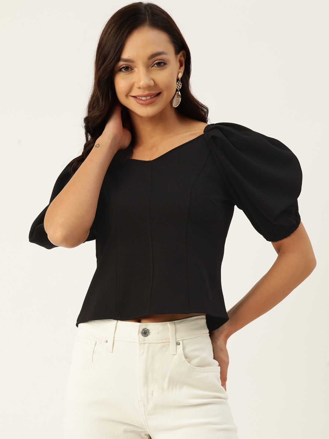 

Deewa Puff Sleeve Crop Top, Black