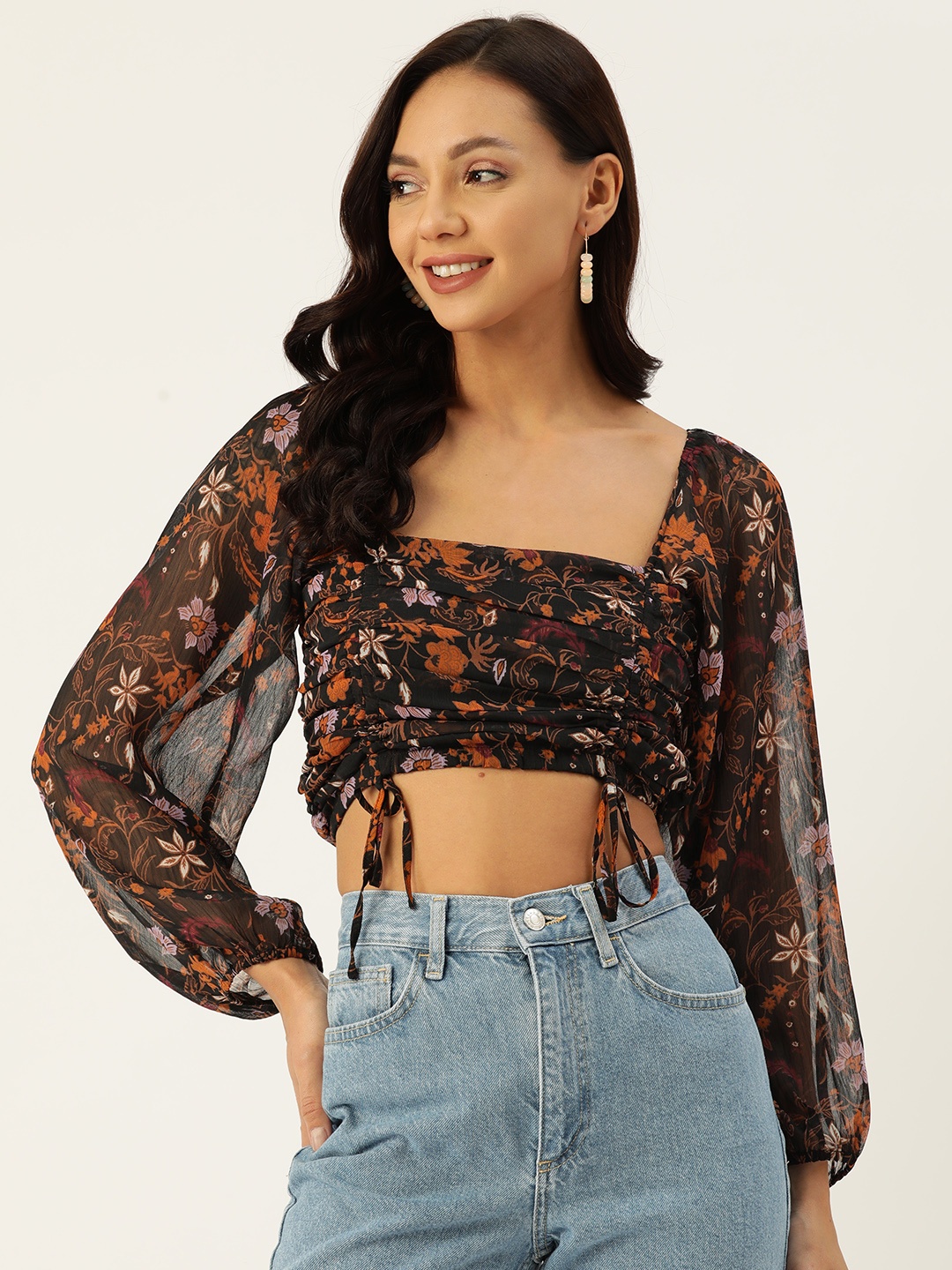 

Deewa Floral Print Puff Sleeve Georgette Crop Top, Navy blue