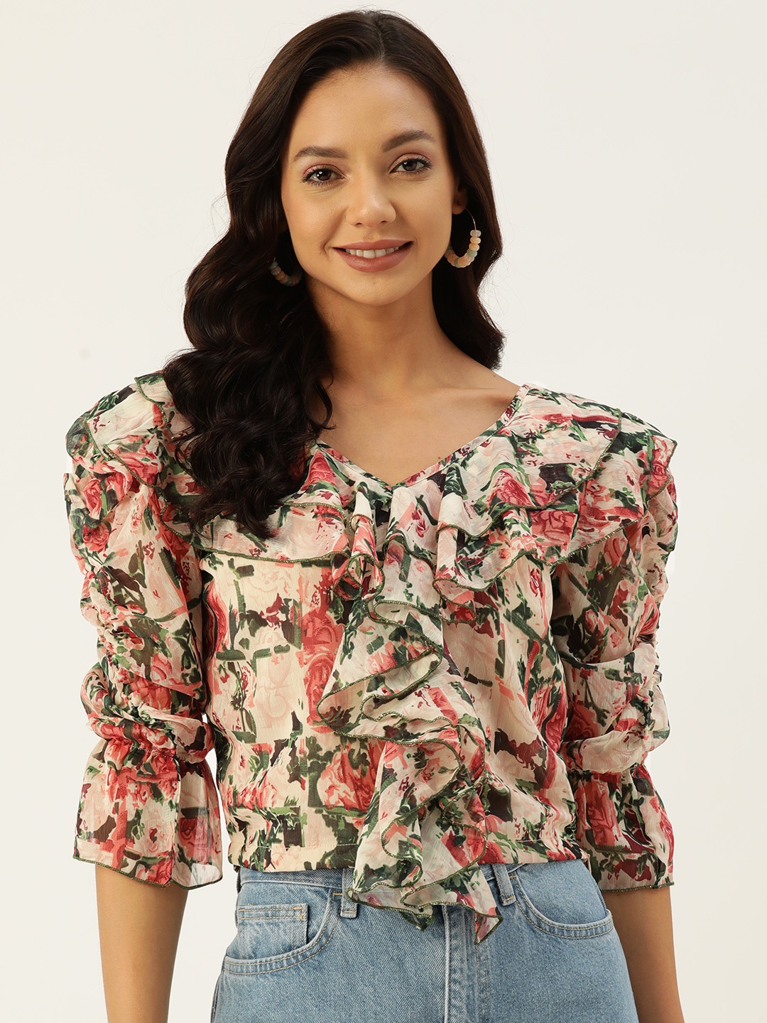 

Deewa Floral Print Puff Sleeve Ruffles Chiffon Crop Top, Beige