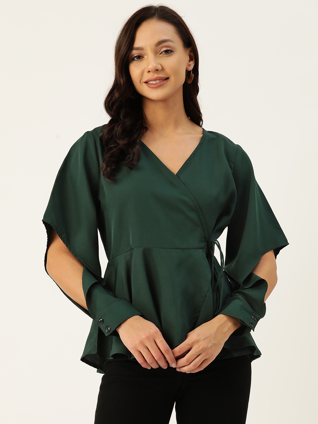 

Deewa Slit Sleeve Crepe Wrap Top, Green