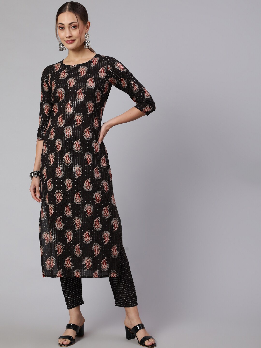 

Nayo Ethnic Motif Printed Pure Cotton Kurta With Trousers, Black