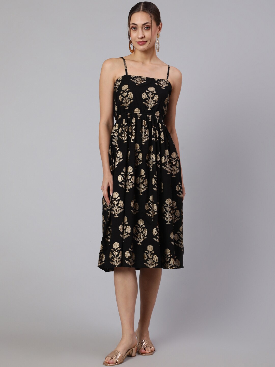 

Nayo Shoulder Straps Floral Printed Midi Cotton A-Line Dress, Black