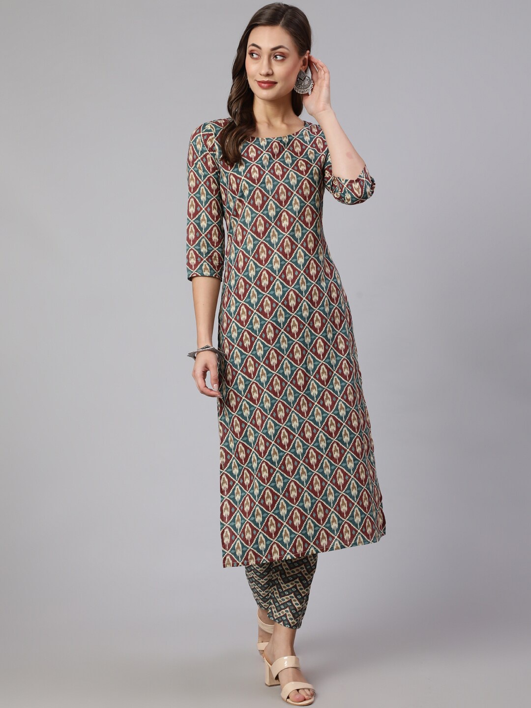 

Nayo Ethnic Motif Printed Pure Cotton Kurta With Trousers, Green