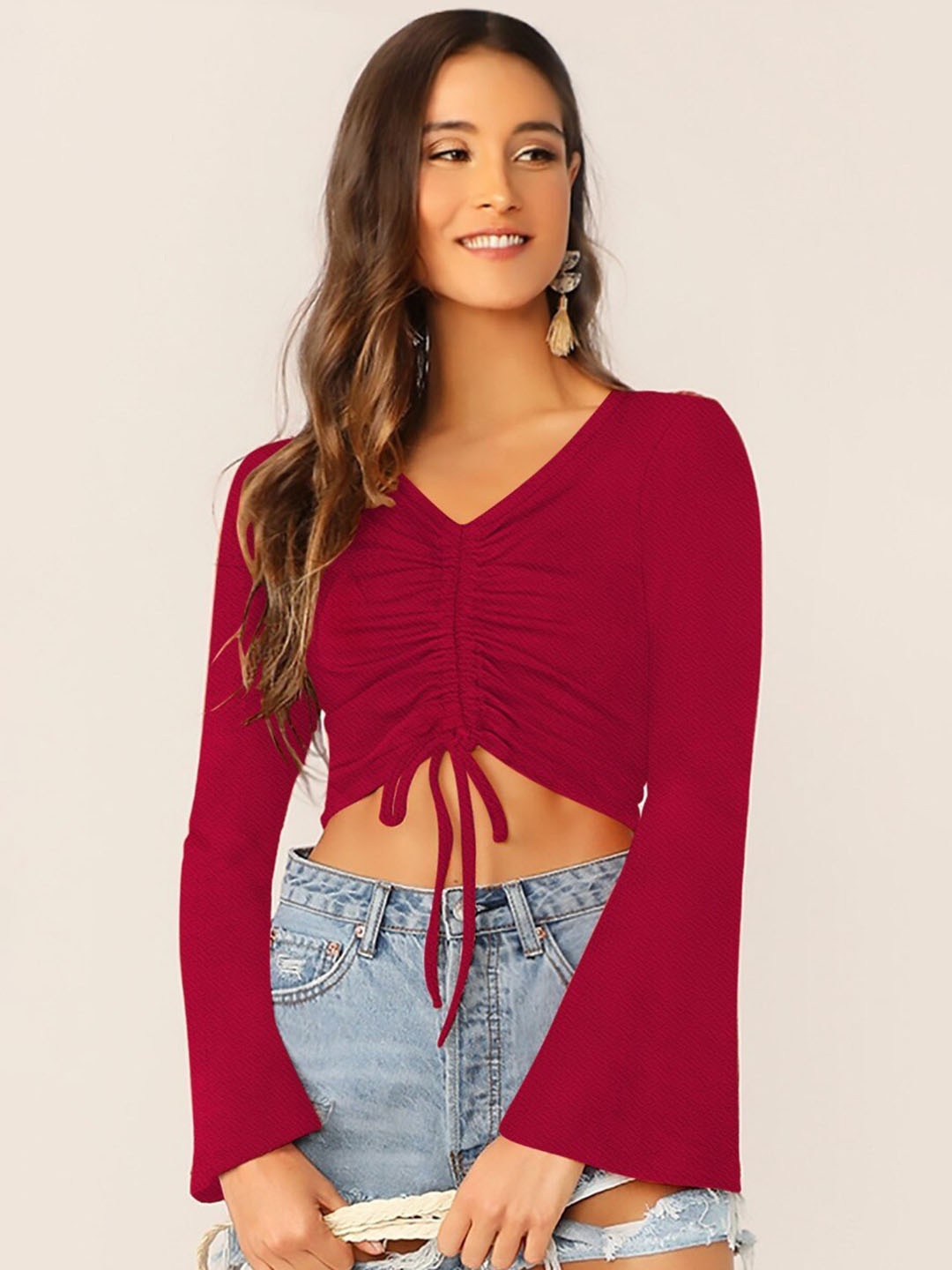 

FAVRIZ Flared Sleeves Fitted Crop Top, Maroon