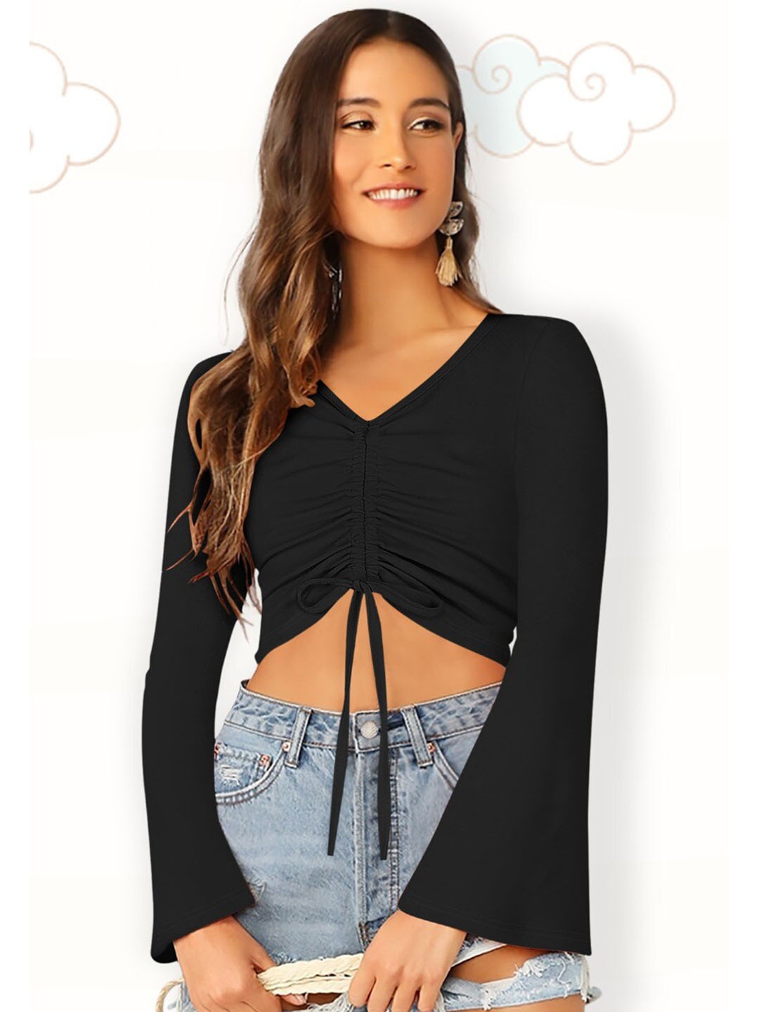 

FAVRIZ Flared Sleeves Fitted Crop Top, Black