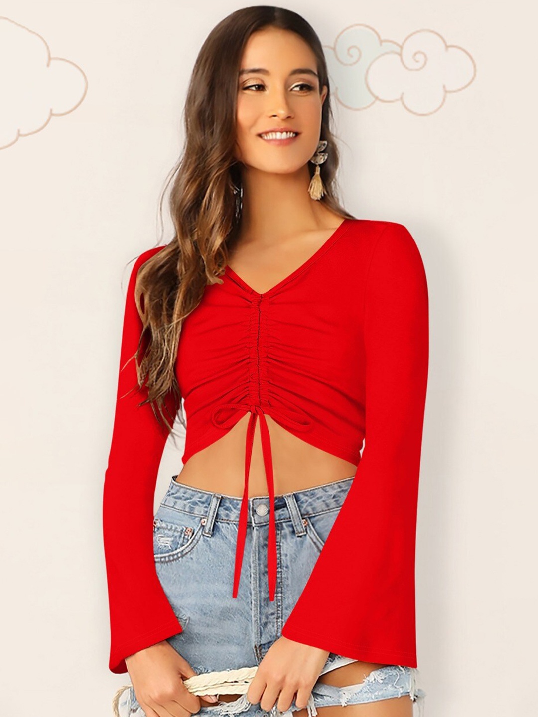 

FAVRIZ Red Flared Sleeve Crop Top
