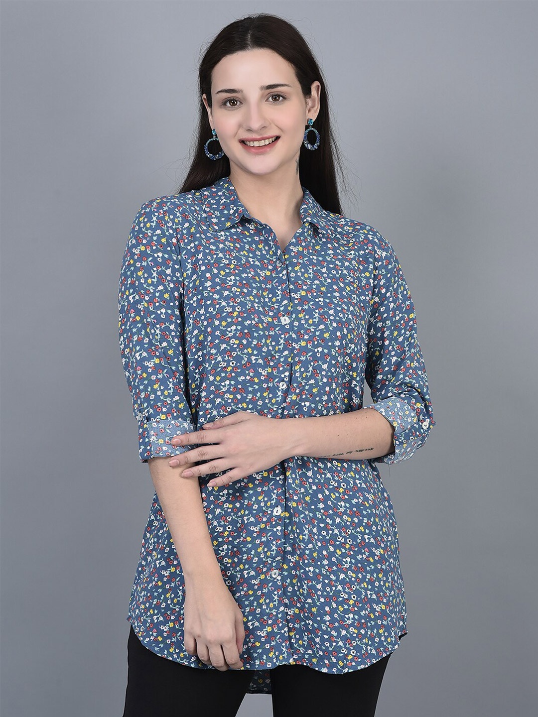 

CANOE Floral Printed Shirt Style Longline Linen Top, Blue