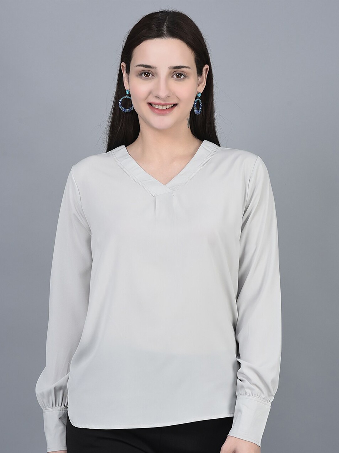 

CANOE V-Neck Cuffed Sleeves Top, Grey