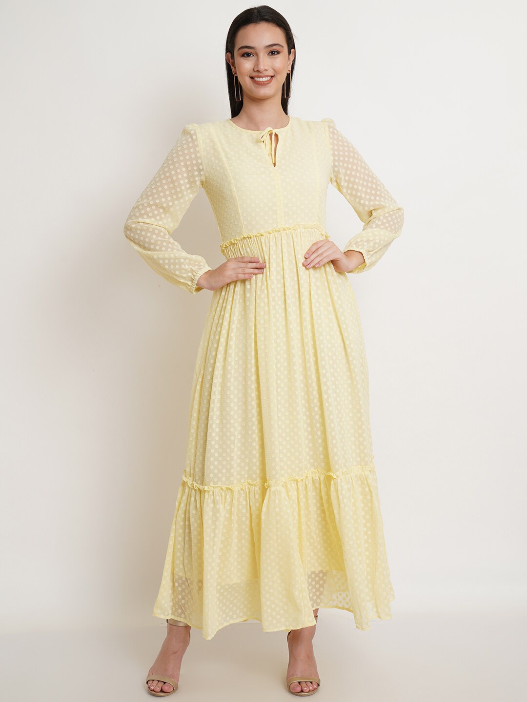 

WESTCLO Polka Dotted Tie-Up Neck Fit & Flare Dress, Yellow