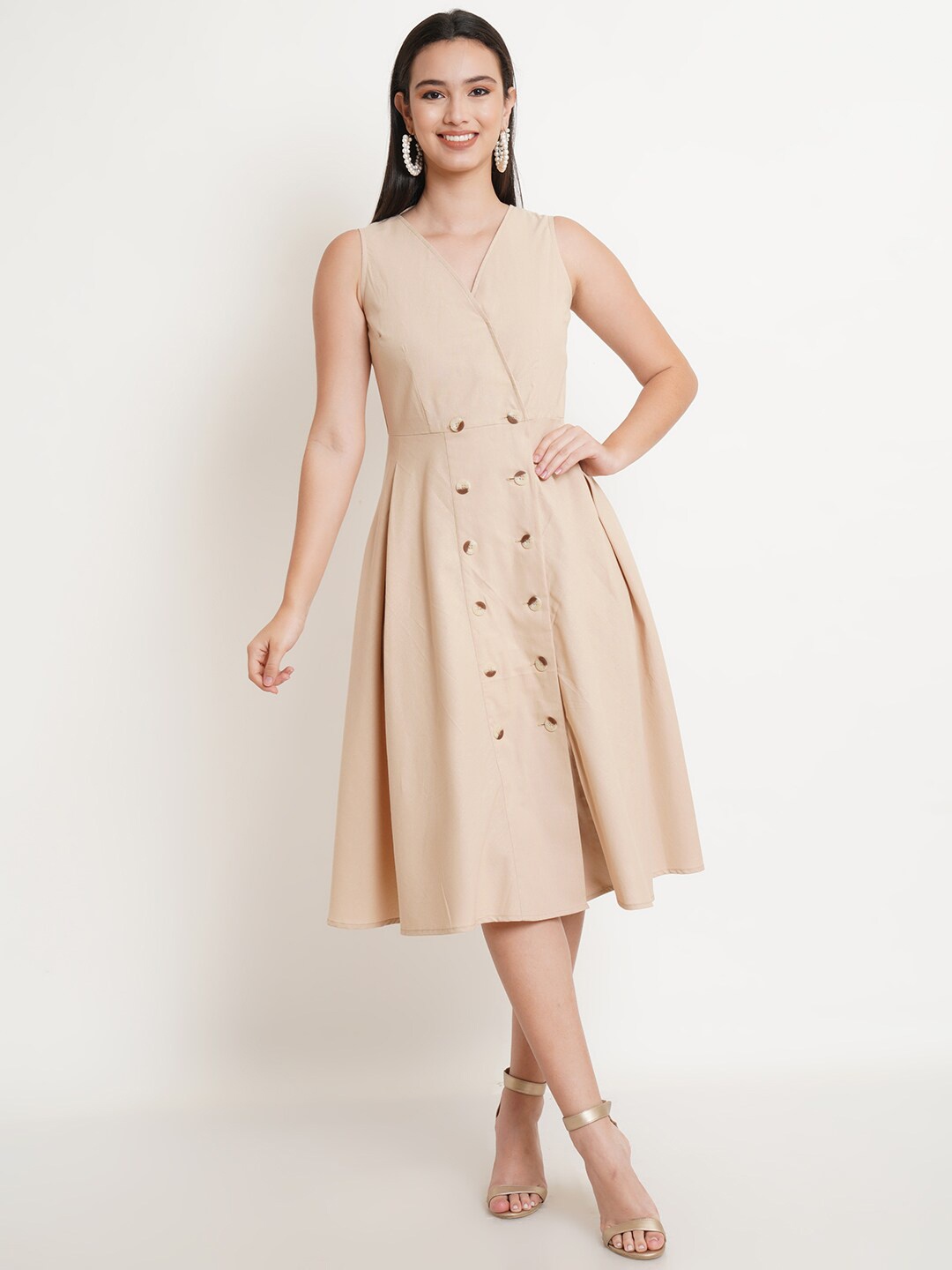 

WESTCLO V-Neck Fit & Flare Midi Cotton Dress, Beige