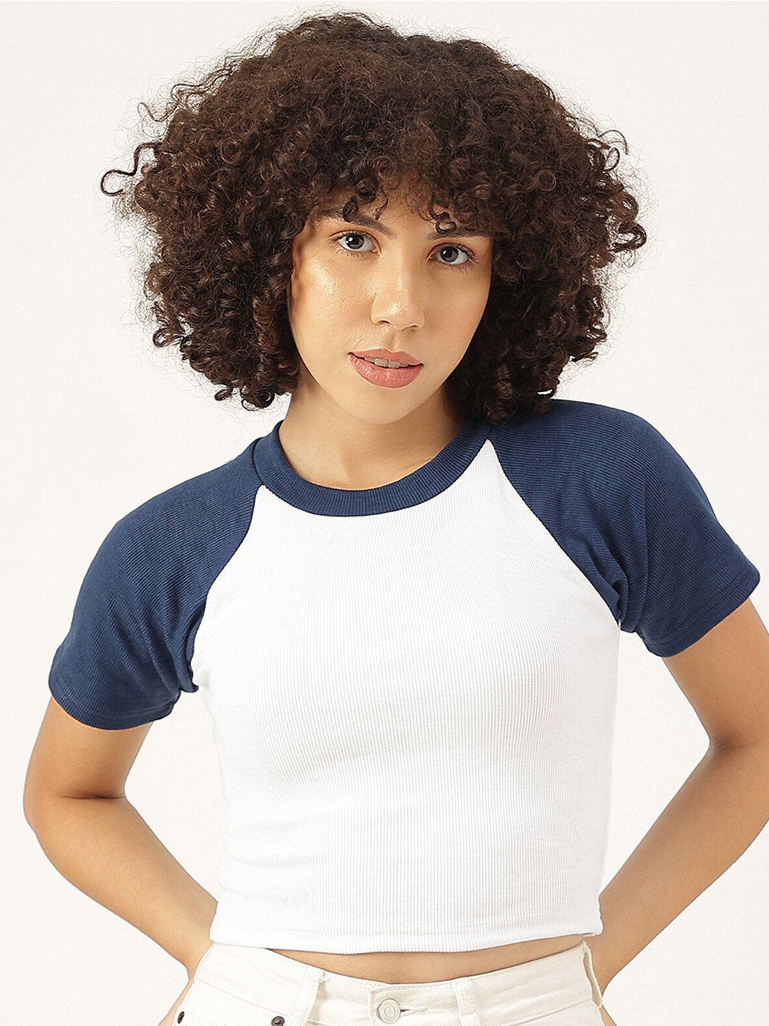 

AAHWAN Raglan Sleeves Cotton Crop Top, Navy blue