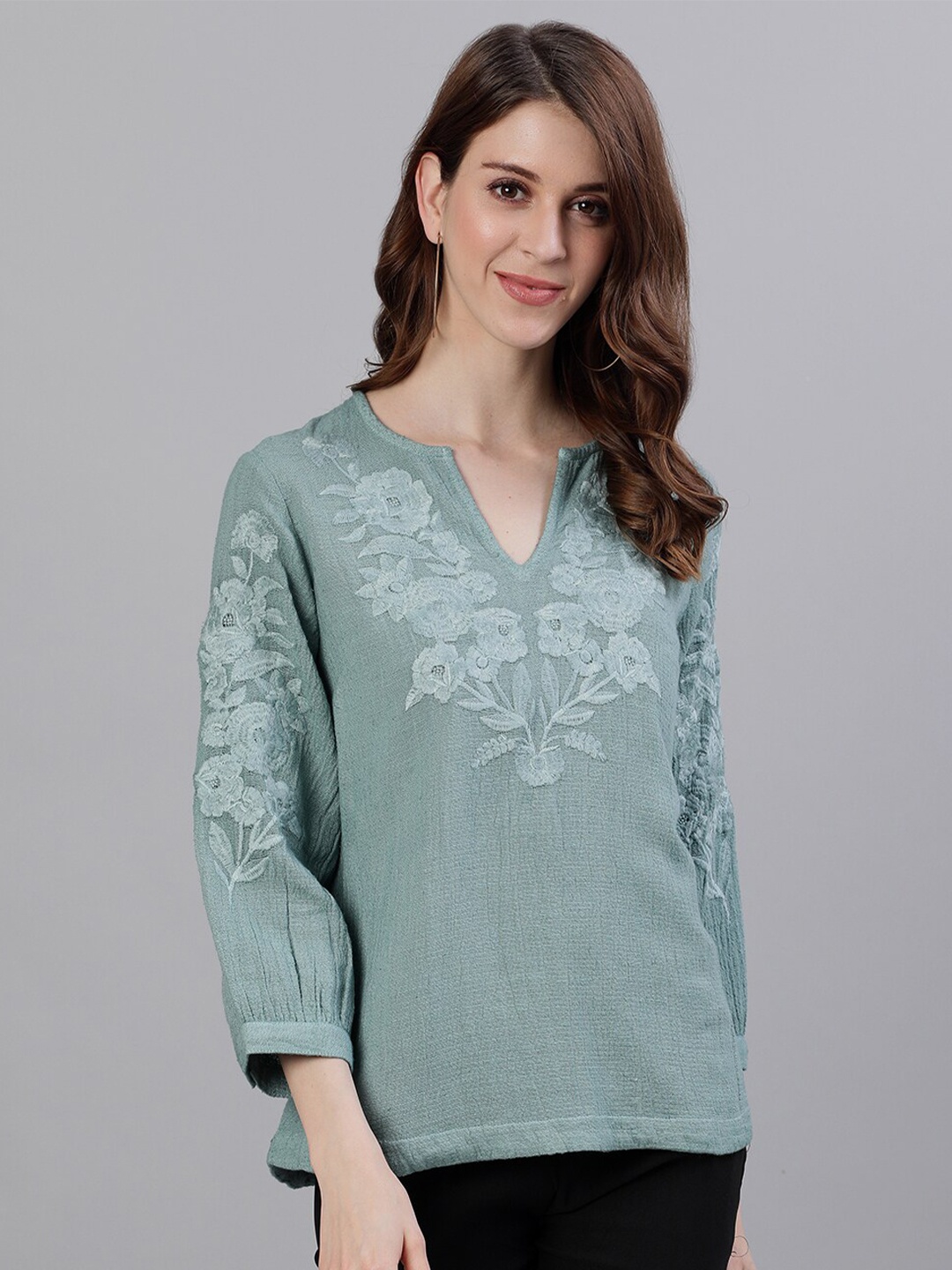 

Ishin Floral Embroidered Pure Cotton Top, Sea green