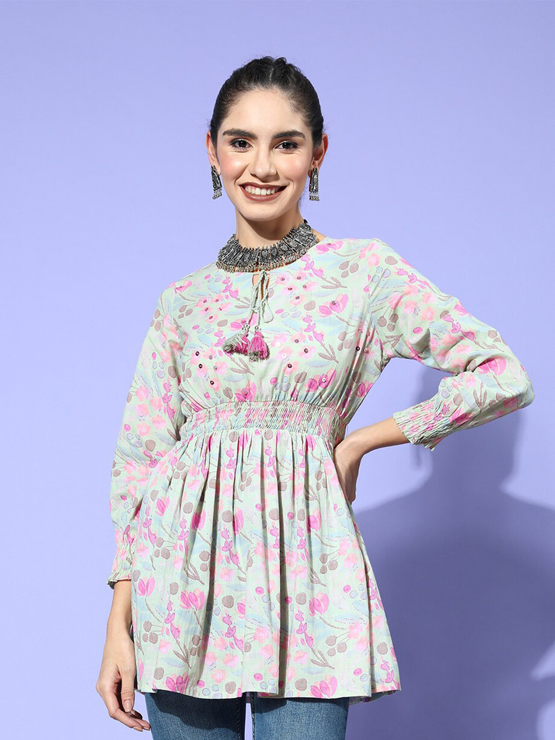 

Ishin Floral Printed Tie-Up Neck Pure Cotton Top, Green