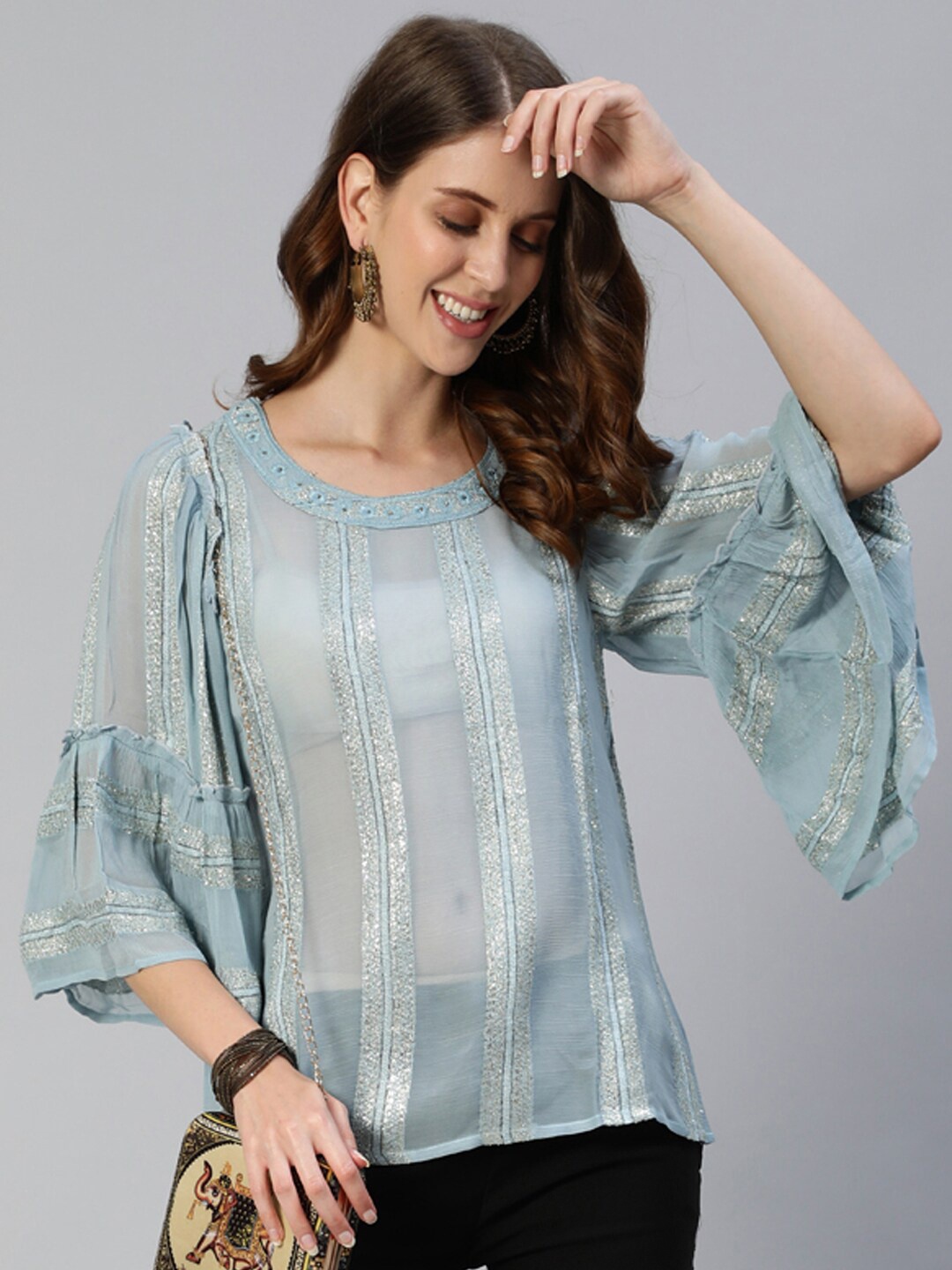 

Ishin Striped Embroidered Bell Sleeves Sheer Regular Top, Blue