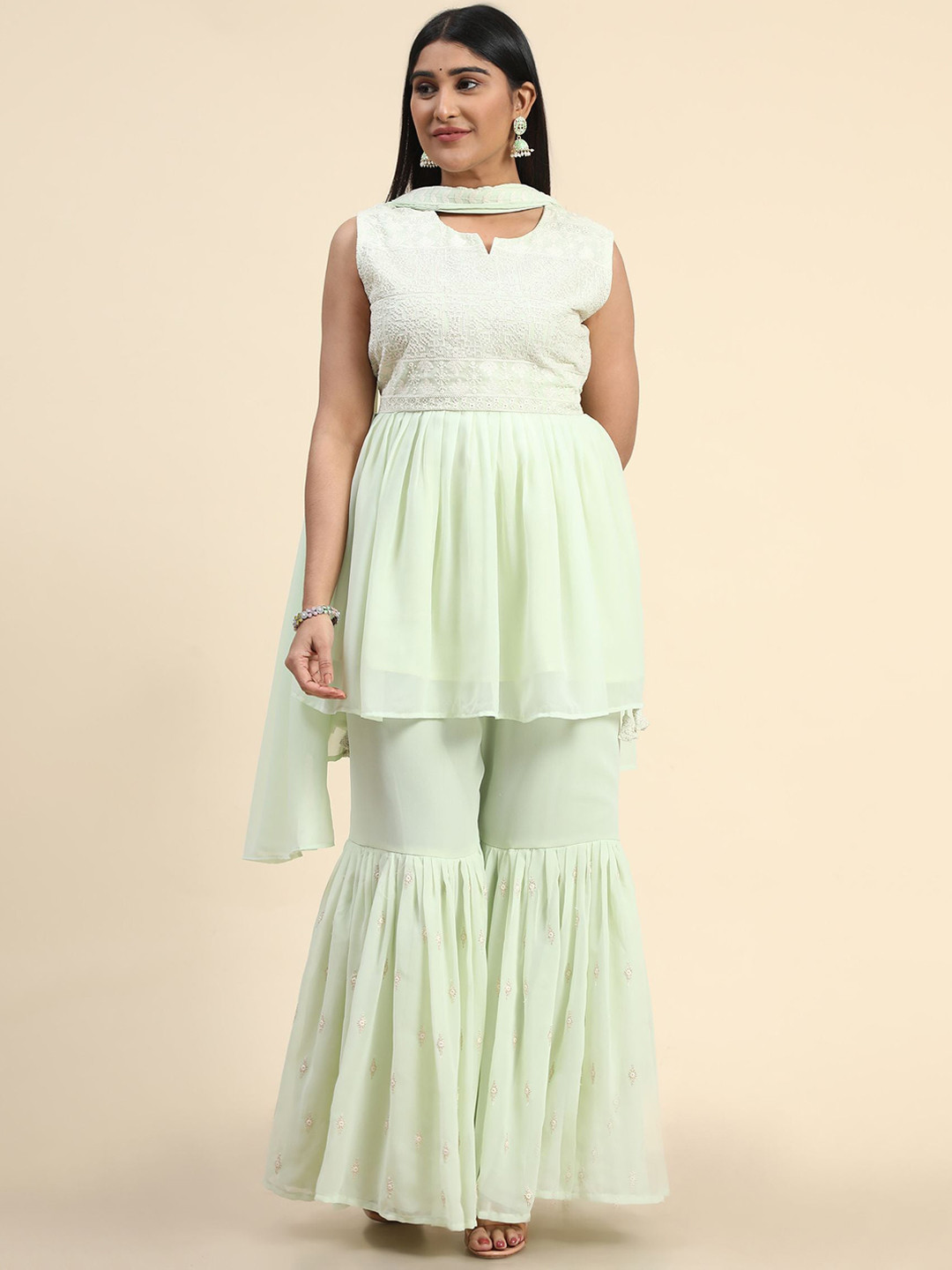 

KALINI Embroidered Pleated Anarkali Kurti with Sharara & Dupatta, Green