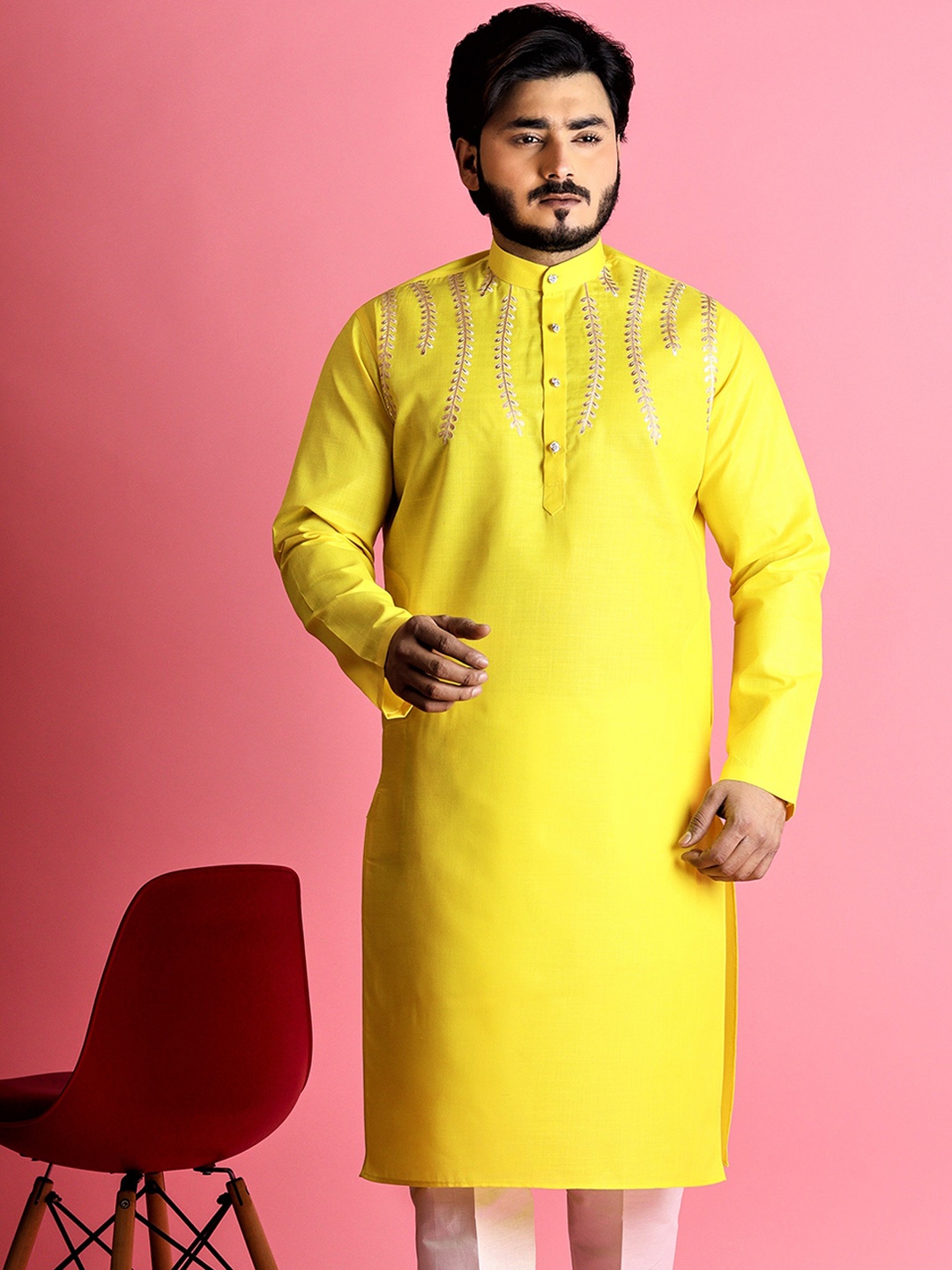 

Tibra Collection Floral Embroidered Mandarin Collar Pure Cotton Kurta, Yellow