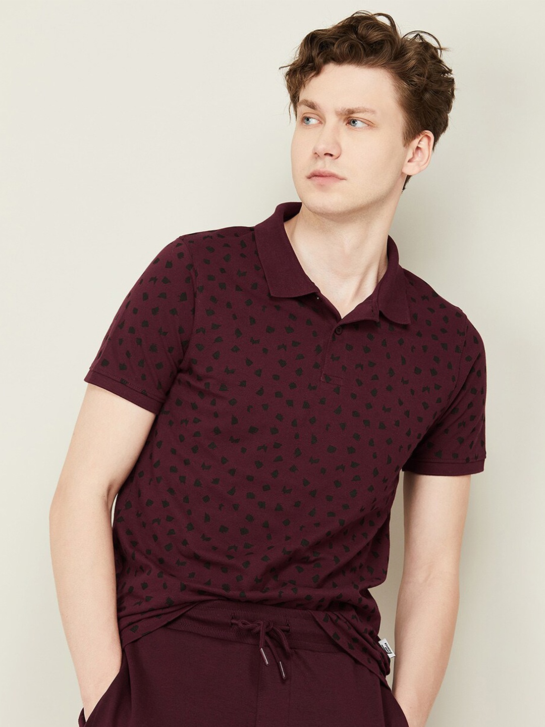 

Fame Forever by Lifestyle Conversational Printed Polo Collar T-shirt, Maroon