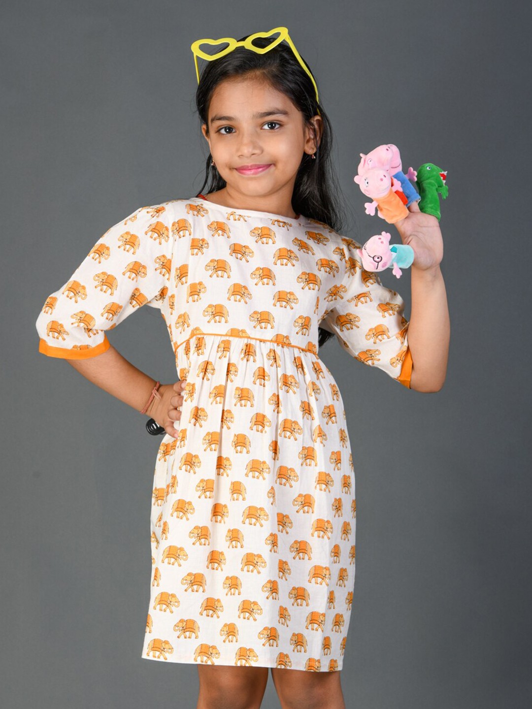 

Kids On Board Girls Conversational Elephant Printed Cotton A-Line Dress, White