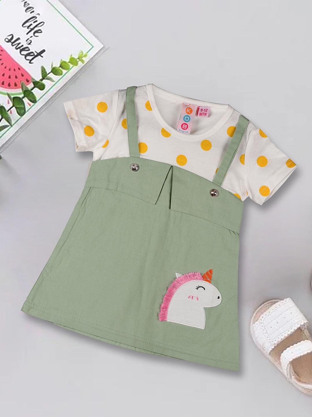 

Kids On Board Infant Girls Polka Dots Printed A-Line Dress, Green