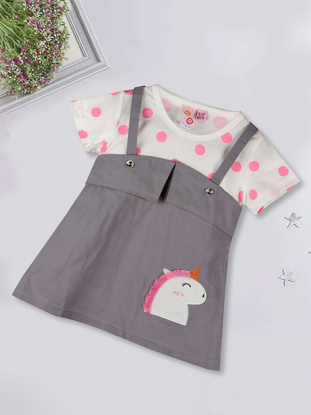 

Kids On Board Infant Girls Polka Dots Printed A-Line Dress, Grey