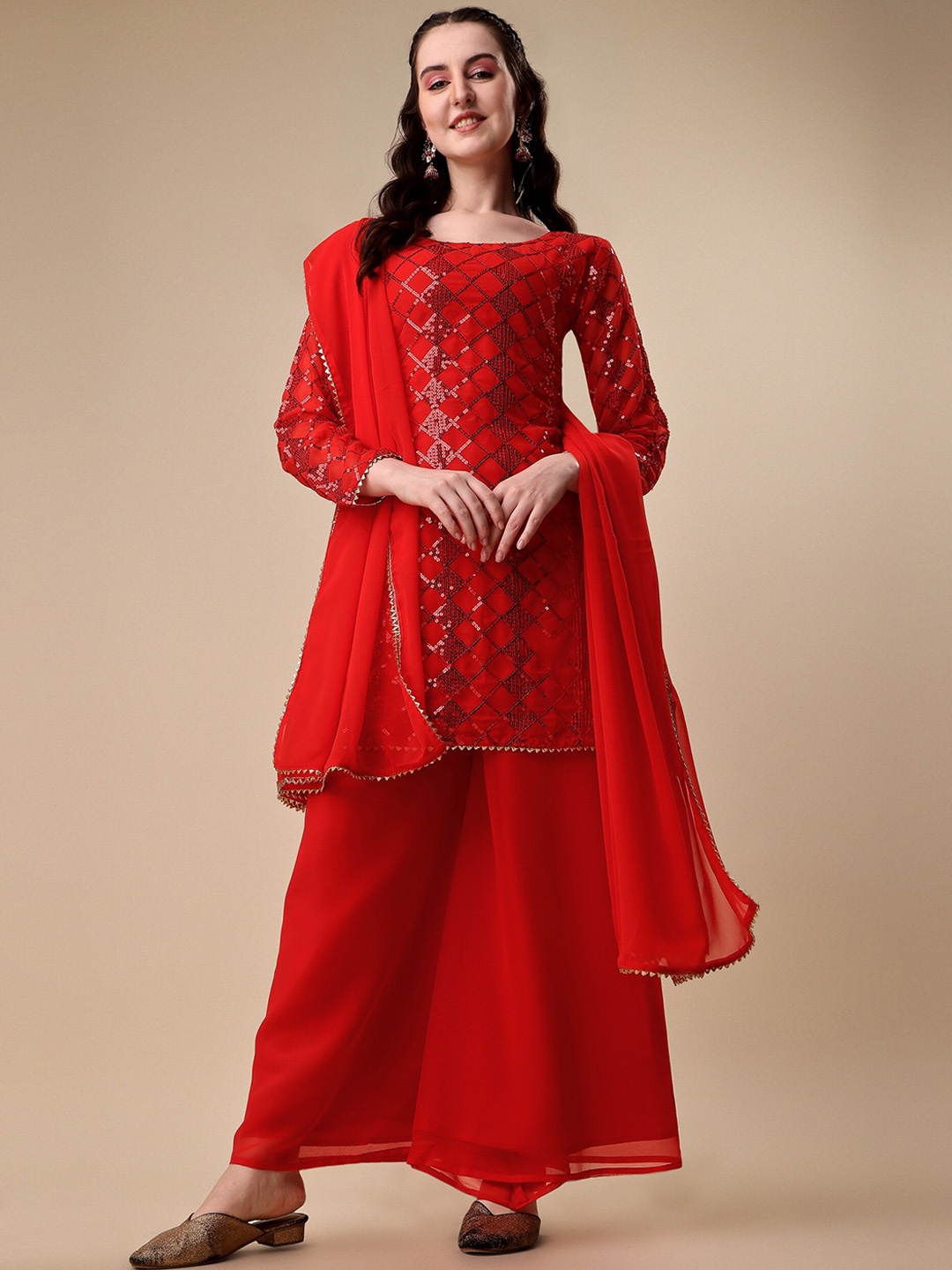 

Vaidehi Fashion Embroidered Sequined Kurti with Palazzos & Dupatta, Red