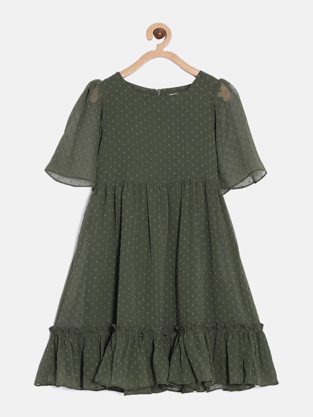 

Aomi Girls Self Design Flared Sleeve Fit & Flare Dress, Olive