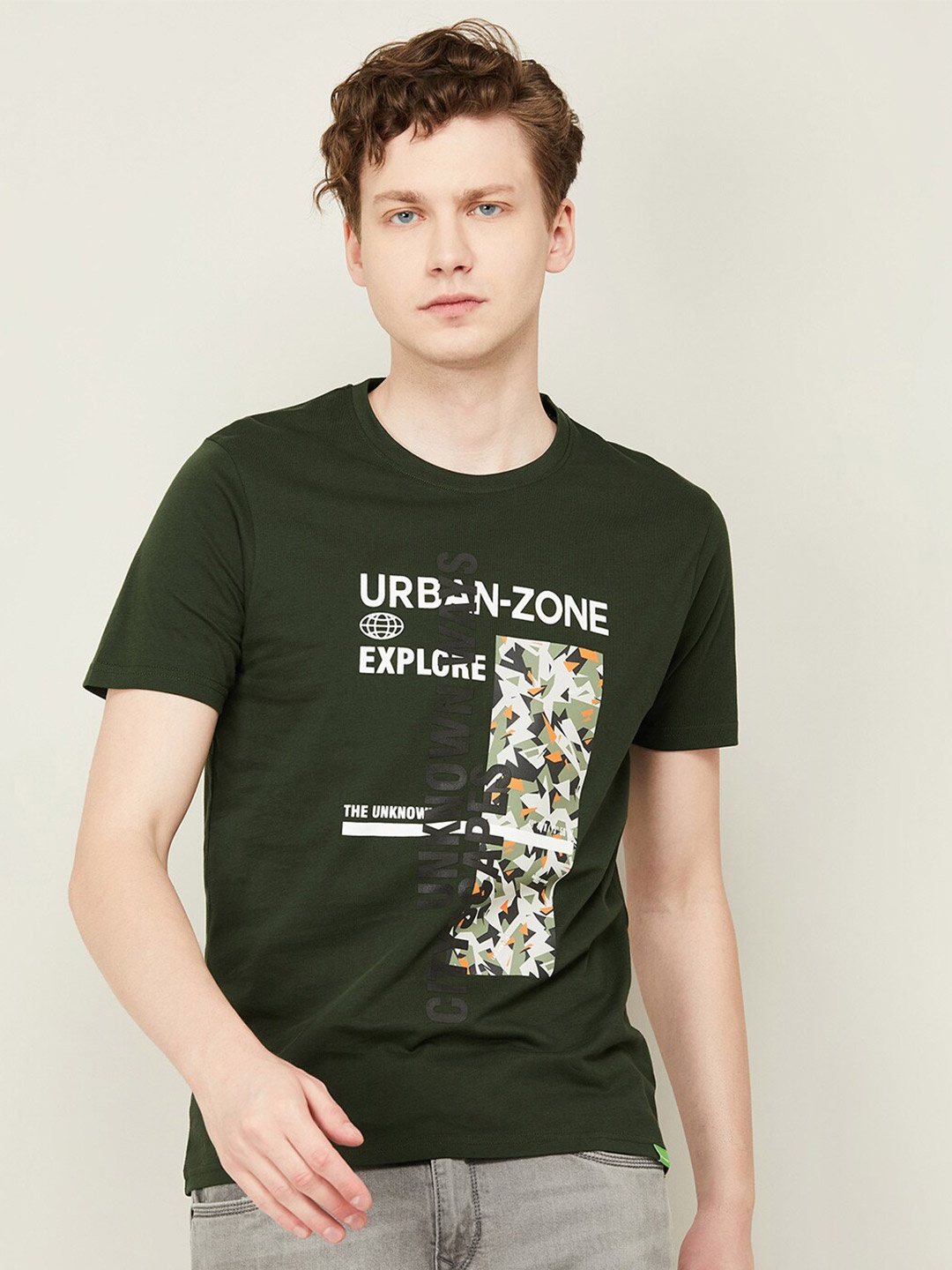 

Bossini Typography Printed Cotton Slim Fit T-shirt, Olive