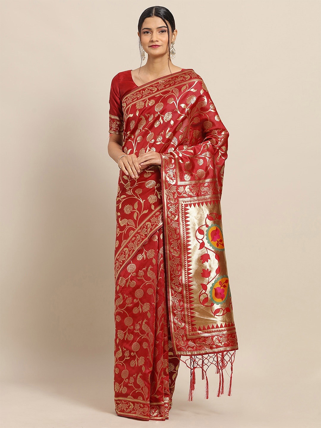 

Saree mall Floral Woven Design Zari Silk Blend Sarees, Red