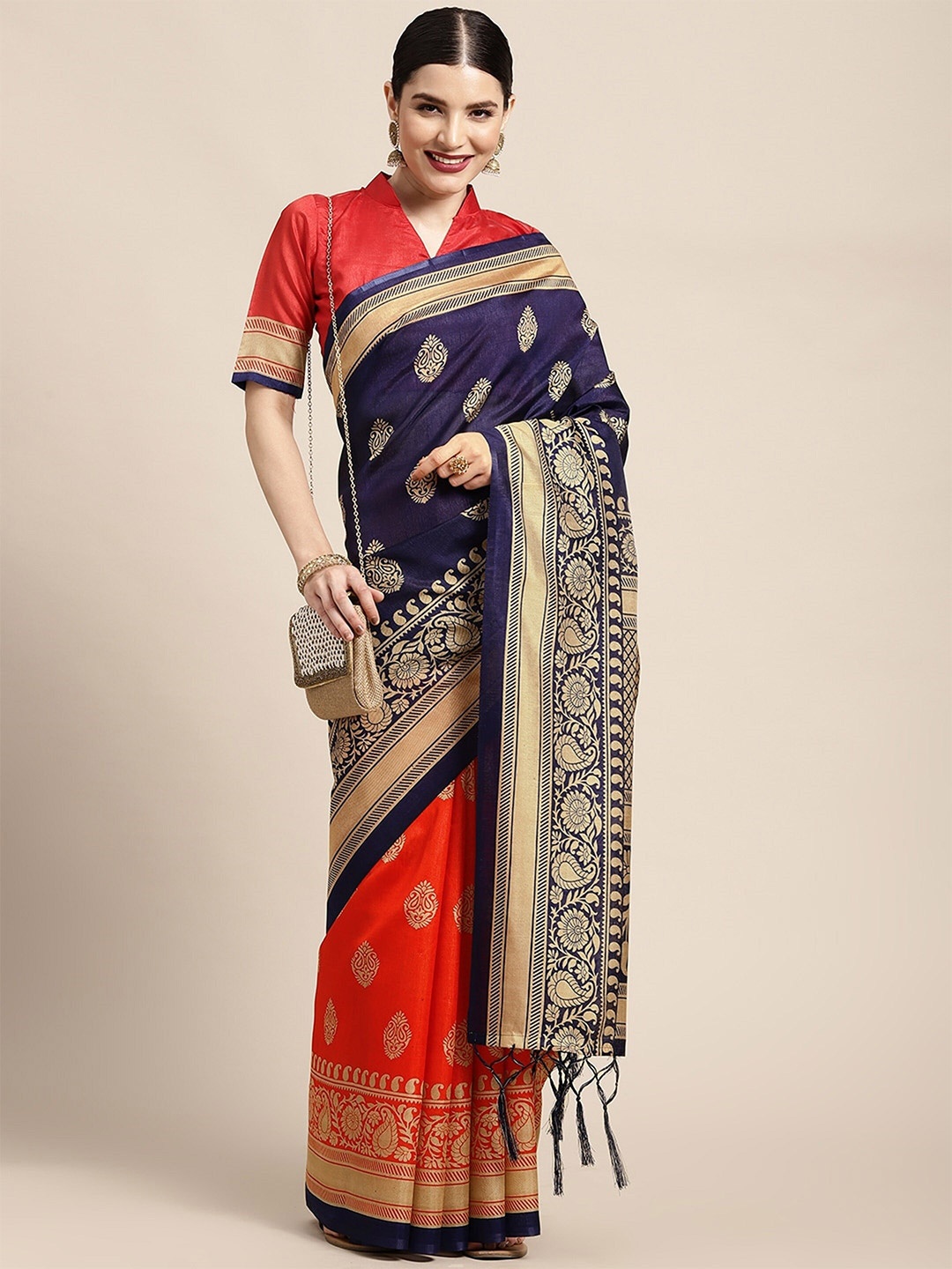 

Saree mall Ethnic Motifs Printed Half & Half Art Silk Sarees, Red