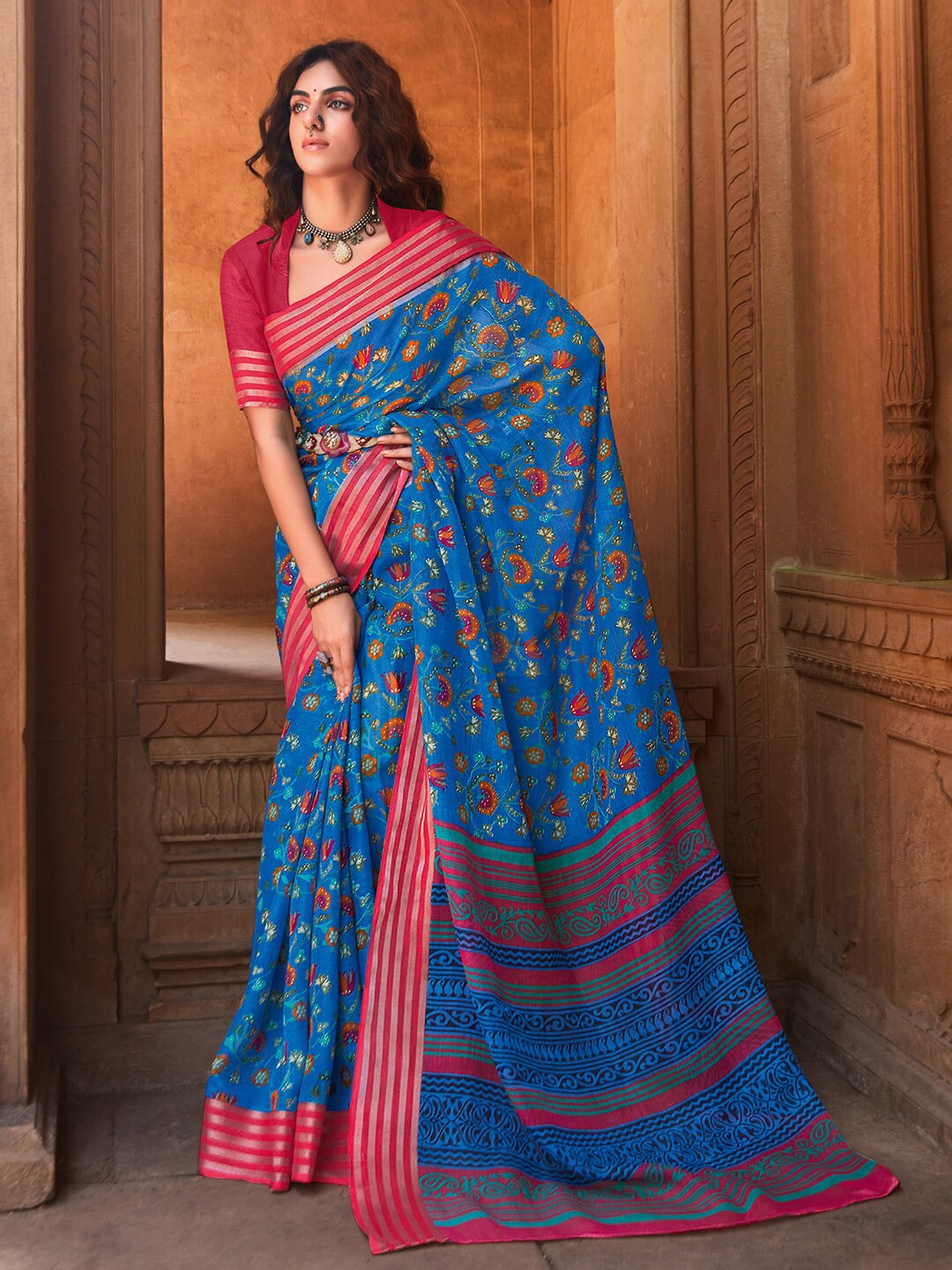 

Saree mall Floral Printed Zari Linen Blend Sungudi Sarees, Blue