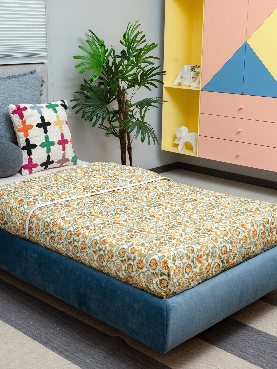

URBAN SPACE Mustard & Green Floral Pure Cotton AC Room Single Bed Blanket