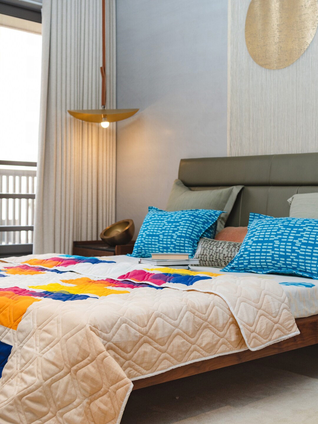 

URBAN SPACE Beige & Blue Pure Cotton AC Room Double Bed Blanket