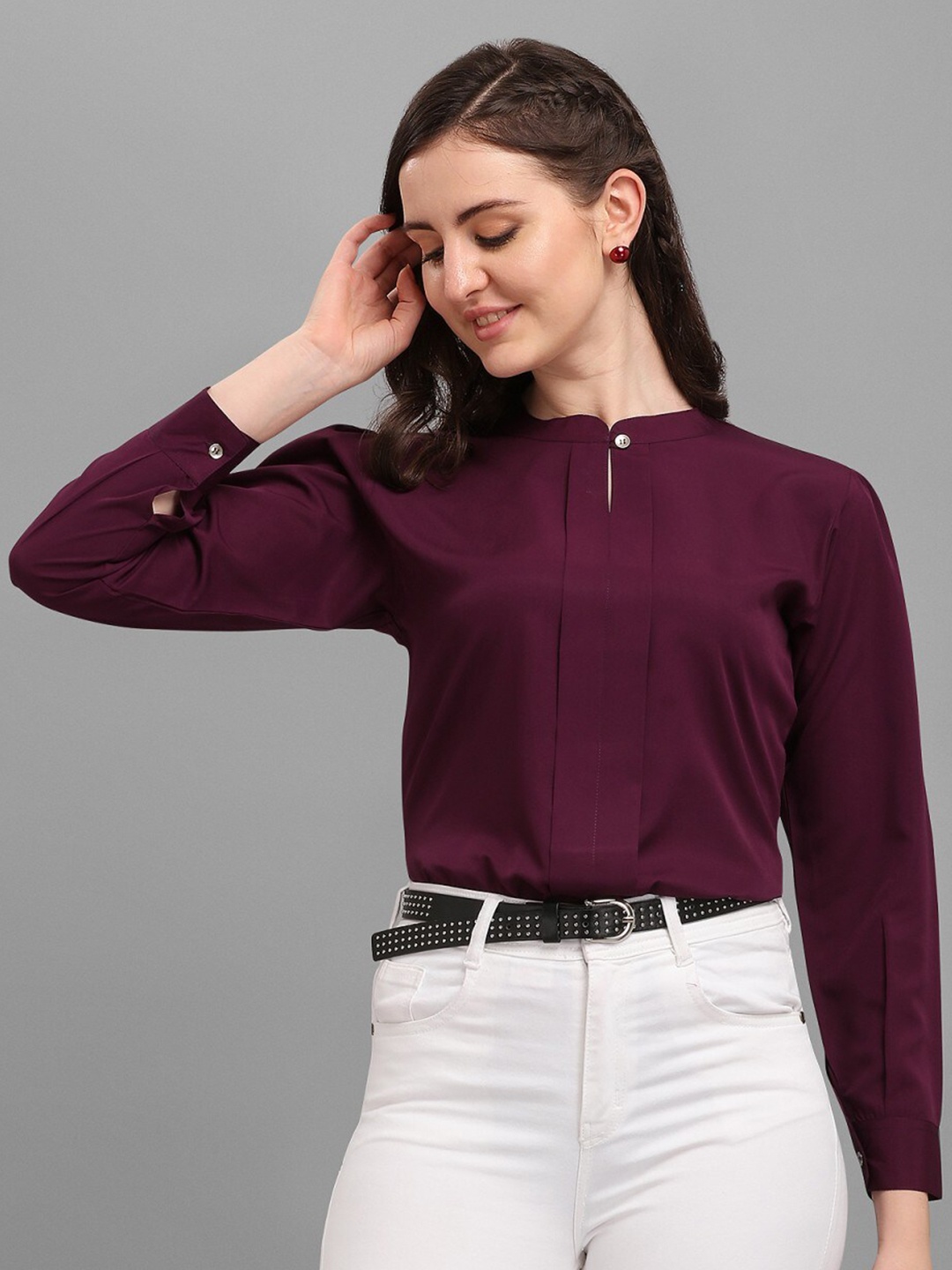 

Kinjo Mandarin Collar Cuffed Sleeves Shirt Style Top, Purple